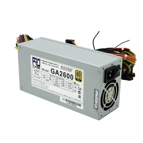 Procase GA2600 Блок питания ATX 2U 2FAN (600W), 80+ Gold, 200*100*70mm, Активный PFC, +5B=20A, +12B=50A, +3,3B=20A, 5VSB=3.5A, -12B=0.3A, Защита от перегрузки 105-150%, Входное напряжение 160-240В