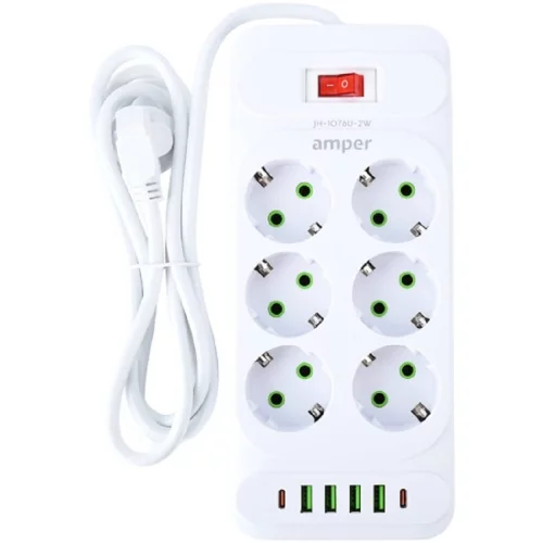 Amper сетевой удлинитель, 2,0м, 6 розеток, 10А, 2500 Вт, 4usb,2Type-C, белый. (JH-1076U-2W)