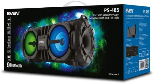 SVEN PS-485 2.0 колонки чёрные (2x14W, мобильные, ветодиодная подсветка, USB, Bluetooth, micro SD, FM-радио, LED-дисплей, jack in, ручка, 2000 мA ) (SV-017408)