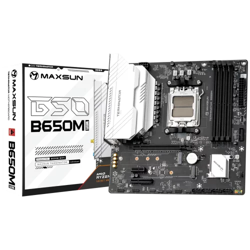 Материнская плата Maxsun MS-Terminator B650M WIFI6 B650, AM5, 4*DDR5, 1*PCIEx16, 1*PCIEx4, 1*PCIEx1, 2*M.2, 2*TypeC, 6*USB3.2Gen1, 6*USB2.0, 4*SATA3.0, 2.5G, DP, HDMI, M-ATX, RTL (6940709660805)