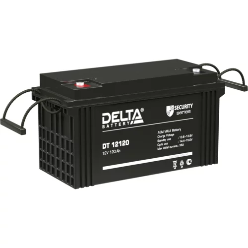 Батарея DELTA серия DT, DT 12120, напряжение 12В, емкость 120Ач (разряд 20 часов), макс. ток разряда (5 сек.) 1000А, макс. ток заряда 36А, свинцово-кислотная типа AGM, клеммы под болт М8, ДxШxВ 410х176х224мм., вес 32кг., срок службы 7-10 лет./ Battery DE