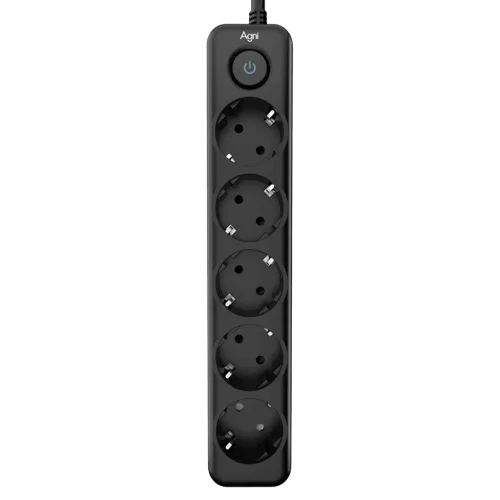 Cетевой фильтр AGNI плоский TP-FD5E-5m-black, 5 розеток Schuko, чёрный, кабель 5 метров, мощность нагрузки 4000 Вт, 16А, заземление, защита от короткого замыкания, сечение кабеля 3 х 1.5 кв.мм., разме