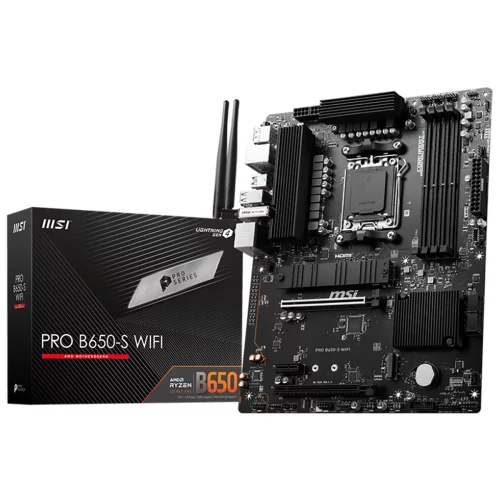 Материнская плата/ MB MSI AMD B650 sAM5, 4xDDR5(256GB), HDMI 2.1/DP, 2xPCIe 4.0x16, 1xPCIe 3.0, 1xLAN (2.5GbE), Wi-Fi, BT, 4xSATA 6Gb/s, 2xM.2, 1xUSB-C, 7xUSB 3.2, ATX (PRO B650-S WIFI)