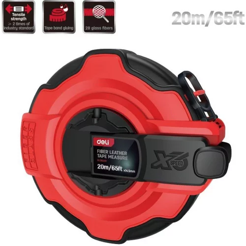 Мерная лента Deli DL9920Y 20м x 14,5мм, ударопрочный корпус с резиновыми вставками, полотно из стекловолокна и ПВХ, увеличенная скорость сматывания ленты