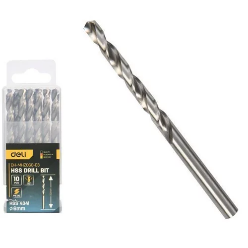 Набор сверл по металлу (6мм, 10 шт) Deli DH-MHZ060-E3 сталь HSS 4341, угол заточки 135 град, пласт. кейс
