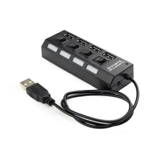 Gembird Разветвитель USB2.0 4xUSB, блок питания 2А, подсветка и выкл, кабель USB 55см, черный (UHB-U2P4-02A)
