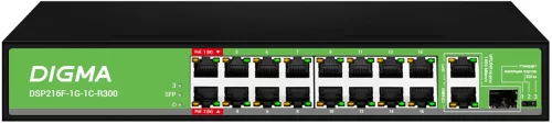 Коммутатор Digma DSP216F-1G-1C-R300 (L2) 16x100Мбит/ с 1x1Гбит/ с 1xКомбо(1000BASE-T/ SFP) 16PoE 16PoE+ 2PoE++ 300W неуправляемый
