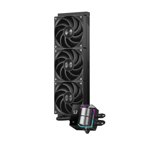 Система охлаждения/ PCCooler DS360 BK (310W, 360mm, LED temp., Black, ARGB Pump/ Fans: 3x120mm, 86.73CFM, 28dBA, 2200RPM/ Pump height 67mm, 28dBA, 3200RPM, Rad thickness 27mm/ S: 1851, 1700, 1200, 20XX, 115X, AM5, AM4)