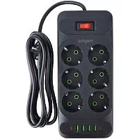 Amper сетевой удлинитель, 4,0м, 6 розеток, 10А, 2500 Вт, 4usb,2Type-C, черный. (JH-1076U-4B)