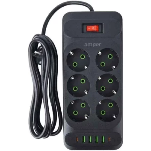 Amper сетевой удлинитель, 4,0м, 6 розеток, 10А, 2500 Вт, 4usb,2Type-C, черный. (JH-1076U-4B)