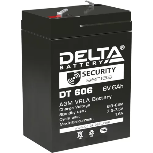 Батарея DELTA серия DT, DT 606, напряжение 6В, емкость 6Ач (разряд 20 часов), макс. ток разряда (5 сек.) 90А, макс. ток заряда 1.8А, свинцово-кислотная типа AGM, клеммы F1, ДxШxВ 70х48х101мм., вес 0.81кг., срок службы 5 лет./ Battery DELTA series DT, DT