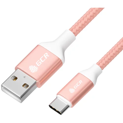 GCR QC Кабель 0.5m, TypeC, быстрая зарядка, розовый нейлон, AL корпус розовый, белый ПВХ, 28/24 AWG, GCR-52508