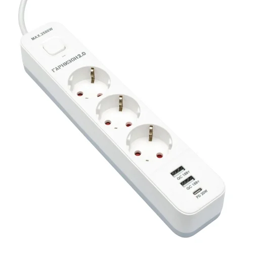 Гарнизон Сетевой фильтр EPS-3-CU2-W-2 2.0 Мультипорт 3р, 10А, 1xType-C PD, 2 х USB QC, 2м, ур.защиты 2+, белый, пак (21448) фото 2