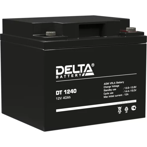 Батарея DELTA серия DT, DT 1240, напряжение 12В, емкость 40Ач (разряд 20 часов), макс. ток разряда (5 сек.) 530А, макс. ток заряда 12А, свинцово-кислотная типа AGM, клеммы под болт М6, ДxШxВ 196х166х173мм., вес 12.9кг., срок службы 7-10 лет./ Battery DEL
