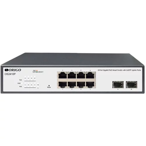 ORIGO Настраиваемый L2 PoE-коммутатор 8x1000Base-T PoE, 2x1000Base-X SFP, PoE-бюджет 120 Вт, комплект для установки в 19