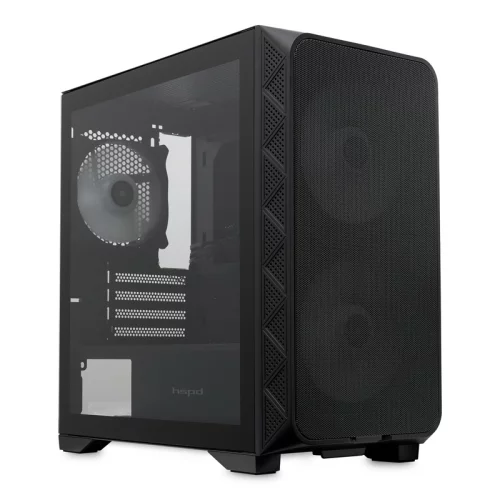 Корпус без блока питания/ HSPD M321, Mesh Mini-tower, Black, slide TG, 0.45 SPCC, 2x140mm ARGB+1x120mm ARGB mATX, mITX 160/340/184mm 2x2.5