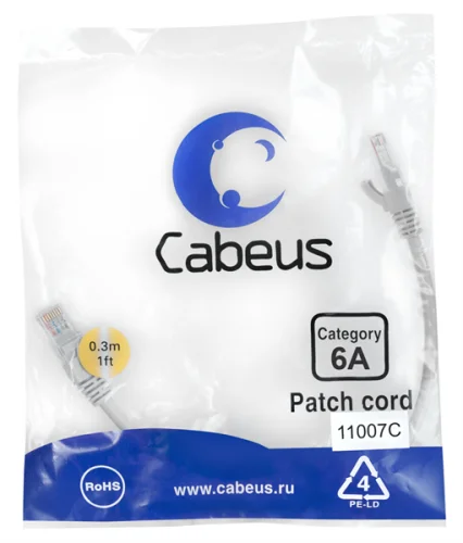 Патч-корд S/FTP, категория 6а (10G), 2xRJ45/8p8c, серый, LSZH, 0.3м Cabeus PC-SSTP-RJ45-Cat.6a-0.3m-LSZH Патч-корд S/FTP, категория 6а (10G), 2xRJ45/8p8c, экранированный, серый, LSZH, 0.3м