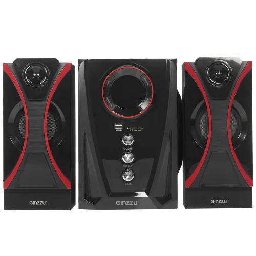 Ginzzu GM-407 2.1 с Bluetooth, выходная мощность 20Вт + 2х10Вт, аудиоплеер USB-flash, SD-card, FM-радио, пульт ДУ - 21 кнопка, стерео вход (2RCA), эквалайзер (обыч