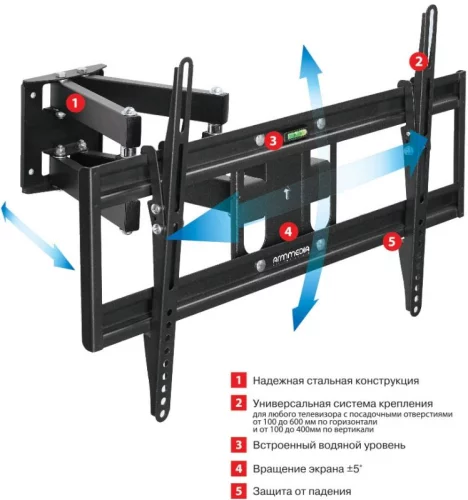 Кронштейн для ТВ ARM MEDIA PT-16 black (max VESA 400x400 мм., настенный, наклонно-поворотный, max 40 кг) (10198) фото 2