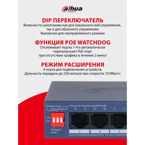 DAHUA DH-CS4005-4GT-36 4-Port Gigabit PoE коммутатор управляемый L2 4 RJ45 10/100/1000Мбит/с (PoE/PoE+), 1 RJ45 10/100/1000Мбит/с (uplink) до 40Вт фото 3
