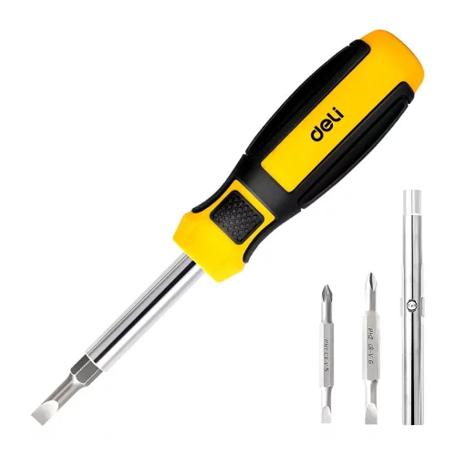 Многофункциональная отвертка 6-в-1 Deli DL260206 длина 180мм, в комплекте биты SL5+PH1 и SL6+PH2, удлинитель, прорезиненная рукоять