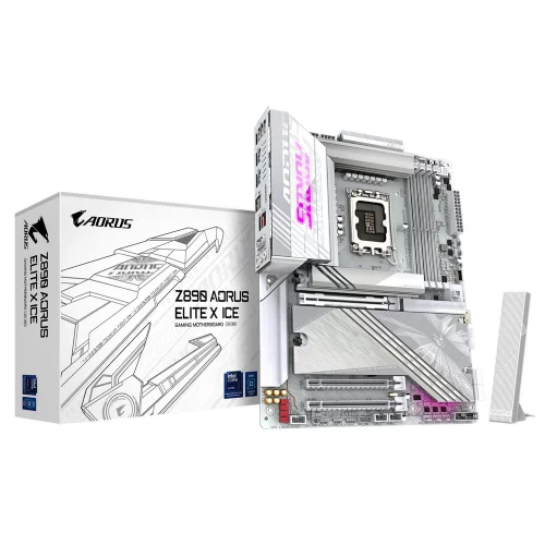 Материнская плата/ Z890 AORUS ELITE X ICE, Socket 1851, Intel®Z890, 4xDDR5-6400, 3xPCI-Ex16, 4xSATA3(RAID 0/1/5/10), 5xM.2, 8Ch Audio, 1x2.5GbLan, WiFi, (4+4)xUSB2.0, (6+2)xUSB3.2, (1+1)xUSB Type-C™, ATX, RTL