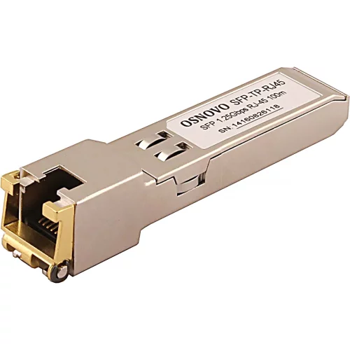Медный SFP модуль OSNOVO SFP-TP-RJ45 Медный SFP модуль Gigabit Ethernet с разъемом RJ45. Скорость 10/100/1000 Мбит/с.Интерфейс: SGMII. Расстояние передачи - до 100 м. Размеры (ШхВхГ): 13,8x13,7x68мм. Рабочая температур