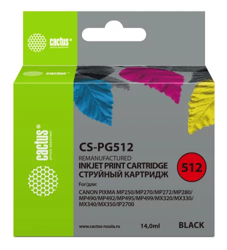 Картридж струйный Cactus CS-PG512 PG-512 черный (15мл) для Canon Pixma iP2700/MP240/MP250/MP260/MP270/MP272/MP280/MP480/MP490/MP492/MP495/MX320/MX330/MX340/MX350 с чипом