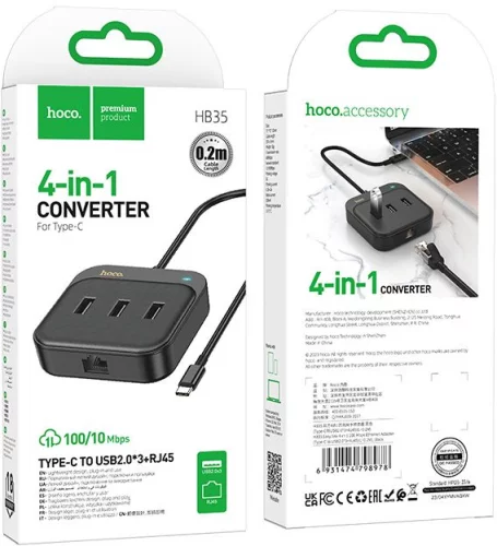 Разветвитель USB-C Hoco HB35 4порт. черный фото 6