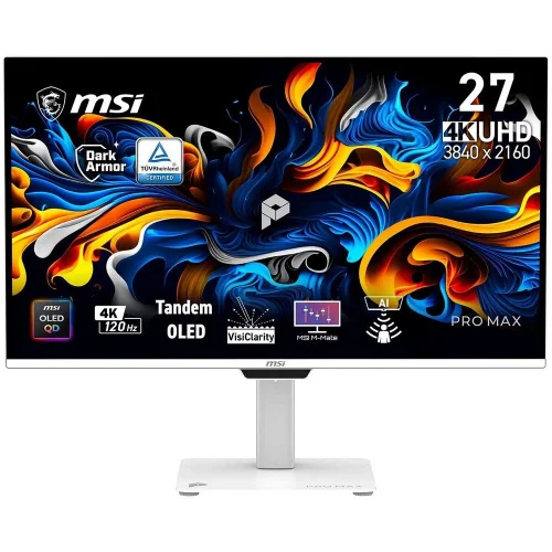 Монитор 26.5 MSI PRO MAX 271UPXW12G QD-OLED, 3840x2160, 120Hz, 0,03ms, 250сd/ m, 1500000:1, | 2xHDMI(2.1), DP(1.4a), Type-C(PD-98W), Type-C(PD-15W), 4xUSB3.2 | HAS, Pivot, Swivel, InPSU, Speakers, Vesa 100, White (9S6-3PF9CA-013)