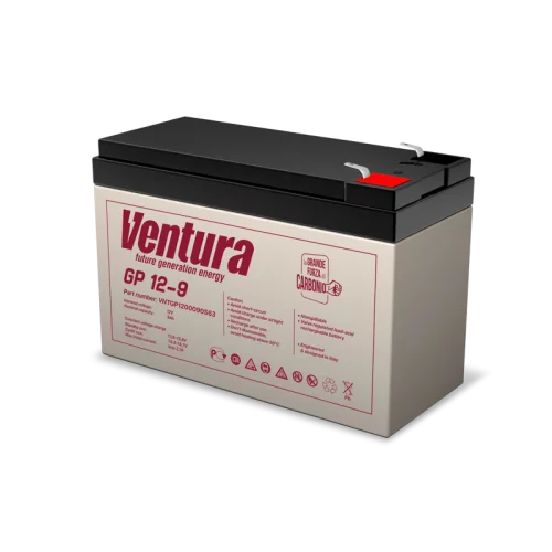 Батарея Ventura серия GP, GP12-9, напряжение 12B, емкость 9Ач (разряд 20 часов), макс. ток заряда 2.25А, свинцово-кислотная типа AGM, клеммы T2, ДШВ 151х65х100мм, вес 2.5кг/ Ventura battery GP series, GP12-9, voltage 12V, capacity 9Ah (discharge 20 h