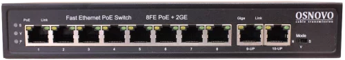 PoE Коммутатор OSNOVO SW-20820(120W) PoE коммутатор Fast Ethernet на 10 RJ45 портов. Порты: 1 x FE (10/100Base-T) с PoE (до 60W, A+B) + 7 x FE (10/100Base-T) с PoE (до 30W), 2 x GE (10/100/1000 Base-T). Соответствуе