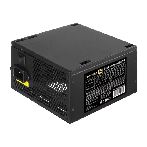 Exegate EX260640RUS Блок питания 450W Exegate 450PPE, ATX, black, APFC, 12cm, 24p+(4+4)p, PCI-E, 3*IDE, 5*SATA, FDD