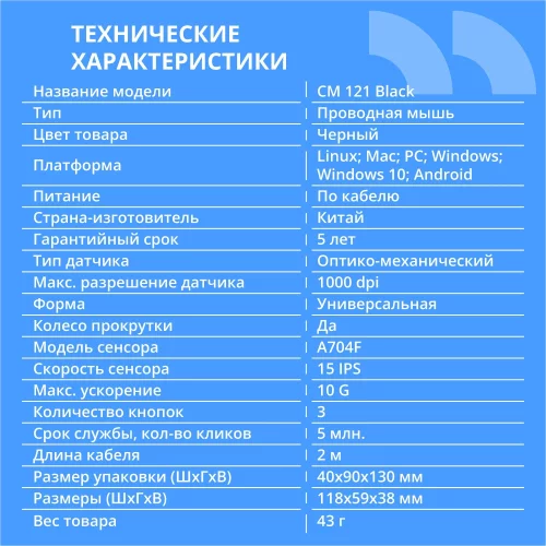 CBR CM 121 Black USB, Мышь офисн., оптич., 1000 dpi, 3 кн., 2.0 м фото 2