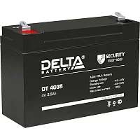 Батарея DELTA серия DT, DT 4035, напряжение 4В, емкость 3.5Ач (разряд 20 часов), макс. ток разряда (5 сек.) 52.5А, макс. ток заряда 1.05А, свинцово-кислотная типа AGM, клеммы F1, ДxШxВ 90х34х60мм., вес 0.46кг., срок службы 5 лет./ Battery DELTA series DT