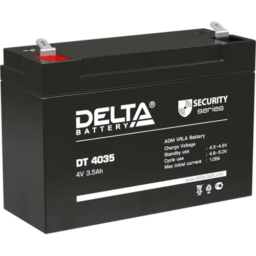 Батарея DELTA серия DT, DT 4035, напряжение 4В, емкость 3.5Ач (разряд 20 часов), макс. ток разряда (5 сек.) 52.5А, макс. ток заряда 1.05А, свинцово-кислотная типа AGM, клеммы F1, ДxШxВ 90х34х60мм., вес 0.46кг., срок службы 5 лет./ Battery DELTA series DT