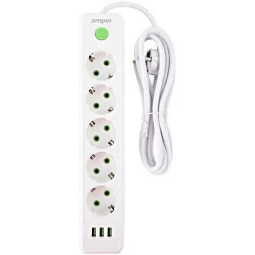 Amper сетевой удлинитель, 4,0м, 5 розеток, 10А, 2500 Вт, 3usb, белый. (JH-1033U-4W)