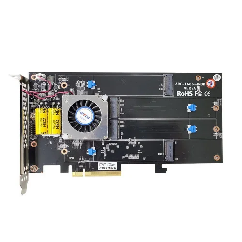 RAID-контроллер Areca ARC-1686-4NOD PCIe 4.0 x8 Full Height, 4 x M.2 Connector, Tri-mode interface at each M.2 bays - 12Gb/ s SAS/ SATA / Gen 4.0 PCIe (NVMe), RAID 0,1,10,JBOD, Hold-up Supercapacitor Onboard, RTL