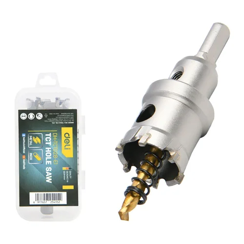 Коронка по металлу твердосплавная с центрирующим сверлом Deli DH-TCT028-E1 диаметр 28мм, шестигранный хвостовик