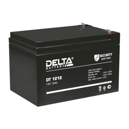 Батарея DELTA серия DT, DT 1212, напряжение 12В, емкость 12Ач (разряд 20 часов), макс. ток разряда (5 сек.) 165А, макс. ток заряда 3.6А, свинцово-кислотная типа AGM, клеммы F2, ДxШxВ 151х98х94мм., вес 3.6кг., срок службы 5 лет./ Battery DELTA series DT,