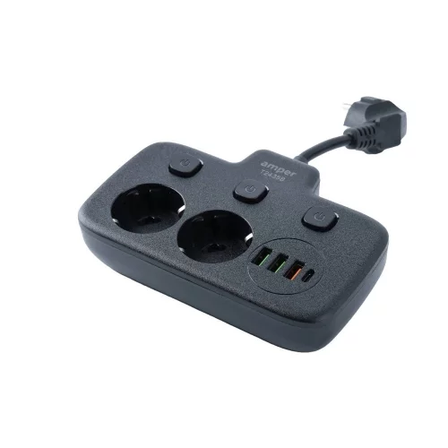 Amper сетевой удлинитель, 0,2м, 2 розетки, 3*0,75мм, 10А, 2500 Вт, 3usb, 1Type-C, 3кн, черный. (T2435B)