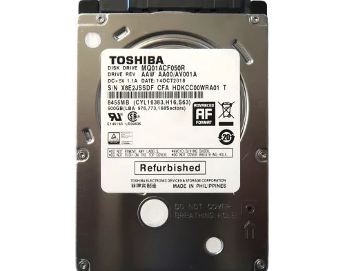 Жесткий диск/ HDD Toshiba SATA3 500Gb 2.5 7200 16Mb OFFICIAL RECERTIFIED 1 year warranty (MQ01ACF050R)
