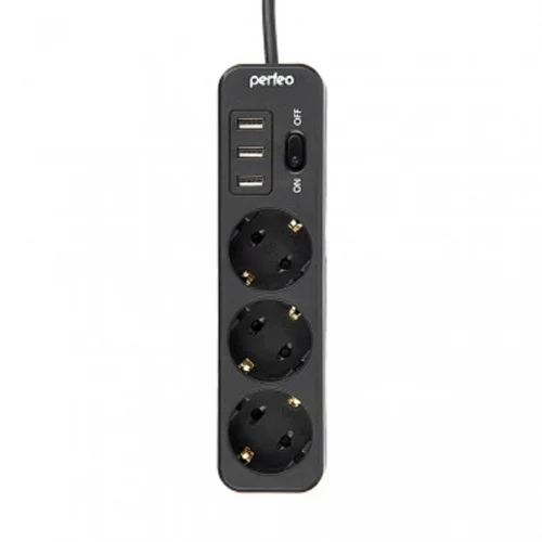 Perfeo сетевой фильтр POWER STREAM, 2500W, двойная защита, 4м, 3 розетки, 3 USB, черный. (PF_C3909)