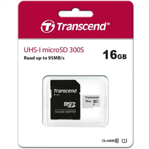 Карта памяти/ Transcend 16GB microSDHC Class 10 UHS-I U1 R95, W45MB/s with SD adapter (TS16GUSD300S-A) фото 2