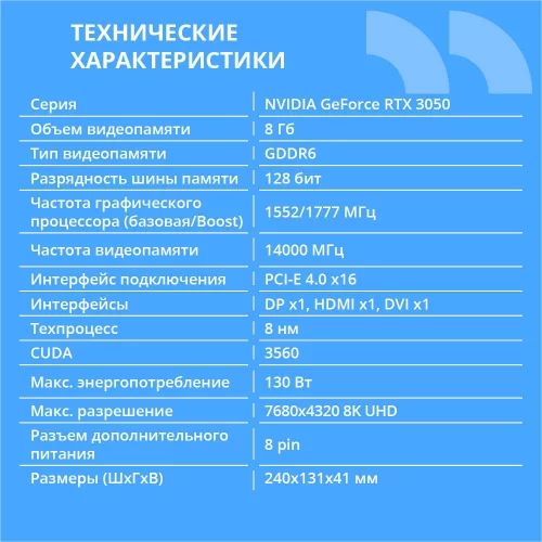 Видеокарта CBR RTX3050 8Gb GDDR6, 128bit, 1552-1777Mhz, DP + HDMI 2.1 + DVI, 130W, Ret [VGA-STX3050-8G-RTL] фото 2