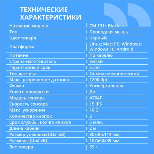 CBR CM 131c Black, USB, Мышь офисн., оптич., 1200 dpi, 3 кн., 2.0 м, резиновое колесо прокрутки, ABS-пластик, нет логотипа фото 2