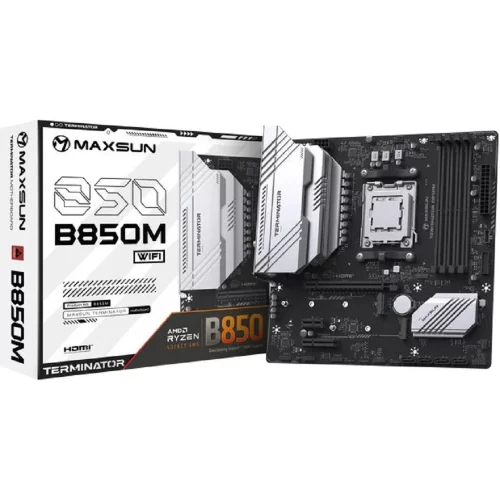 Материнская плата MAXSUN MS-Terminator B850M WIFI, AM5, B850, 4*DDR5, 4*SATA 3.0, 2*M.2, USB 3.2, USB 2.0, Type-C, 1*PCIE 16, 1*PCIE 4, 1*PCIE 1, HDMI+DP, mATX