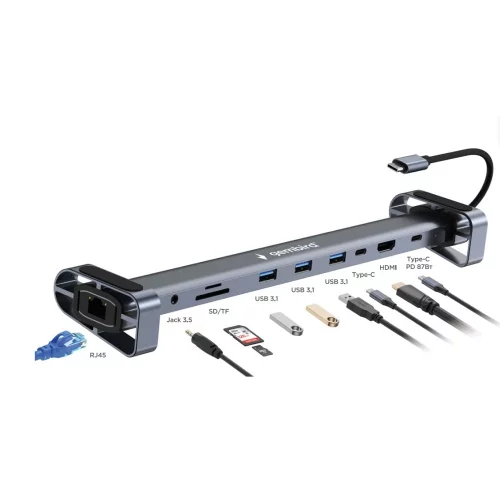 Gembird Док-станция Type-C,10 в 1:3xUSB3.1, PD87W, Jack, SD/TF, HDMI, RJ45, Type-C, кабель14см (UHB-D5) фото 2