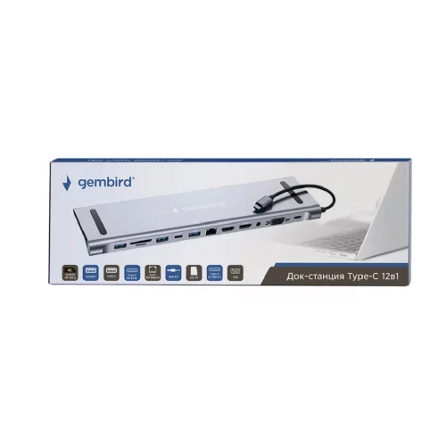 Gembird Док-станция Type-C,12в1: 2xUSB3.1,USB2.0, RJ45,PD87W, Jack3.5, SD/TF, 2xHDMI, VGA,Type-C (UHB-D6) фото 3