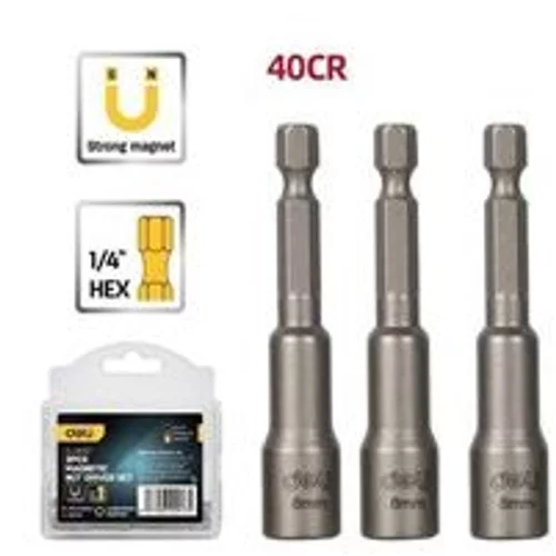 Набор магнитных бит с торцевой головкой 3шт Deli DL4808T 8мм, длина 65мм, сталь 40Cr, пласт. кейс